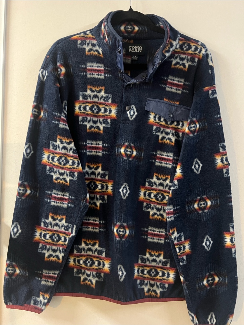COMO MAN Navy Aztec Fleece Pullover with Multi Accent Pattern
